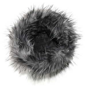 Detail of faux fox fur bucket hat with grey fibers and black quilted lining