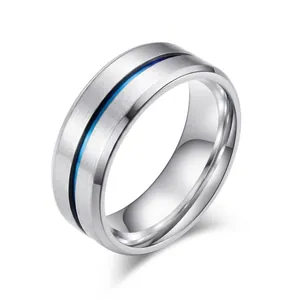 Minimalist Titanium Steel Ring For Men Women Silver Blue Grooved Band Polished Stainless Steel Fashion Jewelry Finger Ring