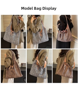 Detailed model views of leopard print tote bag with pink ribbon bow decoration