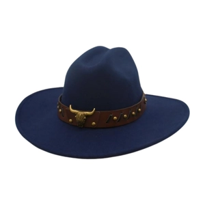 Detail of navy western cowboy hat featuring brown leather band and golden bull skull ornament