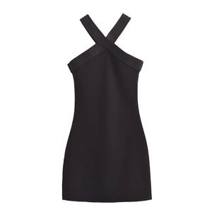Robe Courte Dos Nu Noire Femme Sans Manches Croisée Col V Coupe Ajustée Couleur Unie Polyester Soirée Élégante Chic