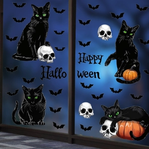 Halloween wall stickers featuring black cats, bats, pumpkins, and Happy Halloween text
