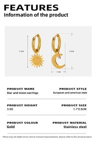 Detailed size specifications for gold asymmetric moon and star stainless steel earrings