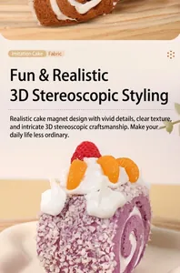 Detailed macro view of realistic PU swiss roll cake magnet with strawberry and orange