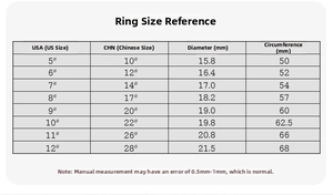 Detailed sizing chart for stainless steel rings with diameter and circumference data