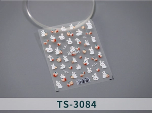 Macro detail of TS-3082 nail stickers featuring cute white rabbits and strawberry motifs