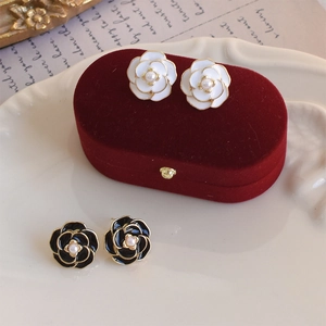 Camellia Flower Stud Earrings With Alloy And Faux Artificial Pearl Vintage French Style Elegant Enamel Jewelry For Women