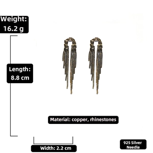 Detailed view of long tassel earrings with silver needles and dark rhinestone charms