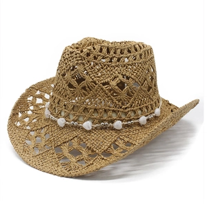Detail of hollow crochet straw hat with white heart bead chain and silver metal accents