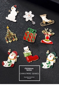 Detailed view of nine-piece Christmas brooch set with enamel and rhinestones