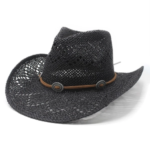 Classic black woven cowboy straw hat with vintage silver buckle and wide curved brim