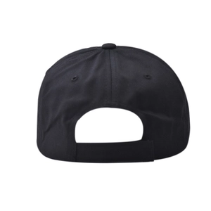 Rear view of black cotton baseball cap showing adjustable strap and top button detail