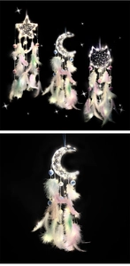 Detailed view of LED macaron dream catcher with moon frame and soft colorful feathers