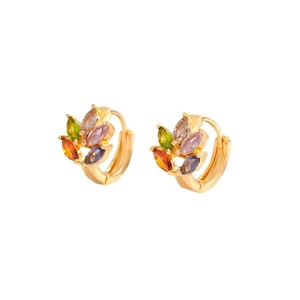 Gold-plated hoop earrings featuring colorful marquise-cut cubic zirconia in a leaf pattern