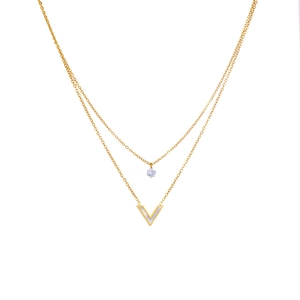 Collier Double Rang Acier Titane Pendentif Forme V Avec Nacre Zircone Bijoux Mode Femmes