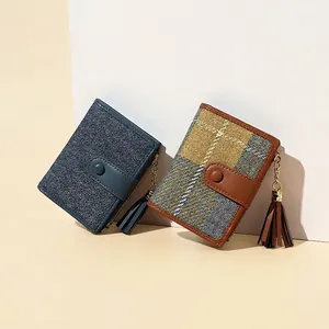 Women's Small Bifold Wallet PU Leather Fabric Splicing Grid Pattern Tassel Zipper Coin Pocket Card Holder Simple Vintage