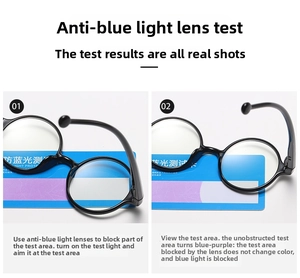 Blue light blocking test showing round black glasses frame with testing card results