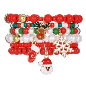 Christmas beaded bracelet set with festive red green beads and holiday charms