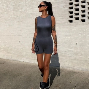 Women Sleeveless Stretch Denim Romper Jumpsuit With Zipper Pocket Slim Fit Solid Color Casual Summer Streetwear