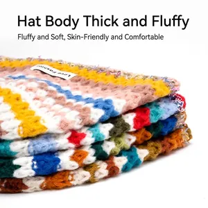 Chunky rainbow striped knit beanie for women with thick soft texture and fashion label