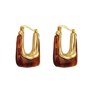 Vintage U-Shaped Resin Hoop Earrings For Women Lightweight Luxury Geometric Copper Gold Plated Resin Earrings Jewelry Gift