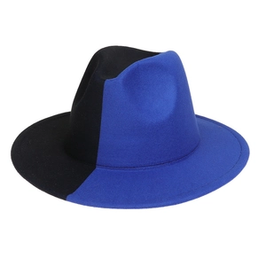 Detailed view of bicolor wool fedora hat with black and royal blue vertical splicing design