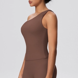 Women's brown one-shoulder high-stretch sports bra with matte finish for yoga