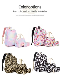Three-piece school backpack set featuring gradient, star, leopard, and cow patterns