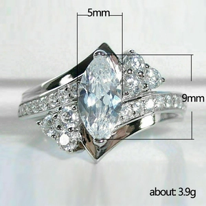 Marquise zirkonia ring met golvende pavé band, 5x9mm hoofdsteen en 3,9g gewicht