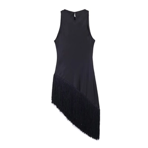 Elegant black off-shoulder satin cocktail dress with irregular fringe hem detailing