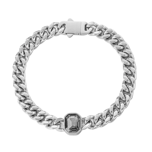 Hip hop silver Cuban chain bracelet with a large rectangular grey gemstone inlay