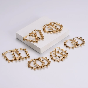 Minimalist gold stainless steel geometric hoop earrings set with small decorative beads