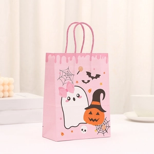 Cute Halloween ghost and pumpkin print kraft paper gift bag with pink handles