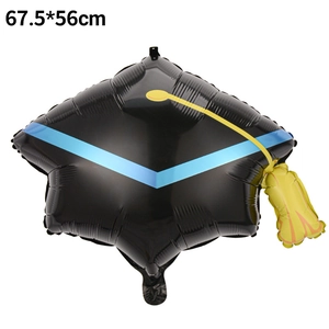 Detail of black graduation cap foil balloon with yellow tassel, size 67.5x56cm for party
