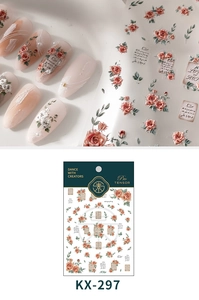 Detailed view of KX-297 vintage rose nail stickers with 3D embossed floral patterns