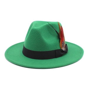 Detail of emerald wool fedora featuring a black ribbon and vibrant accent feathers