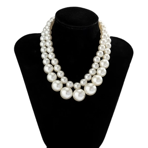 Elegant double-layer pearl choker necklace with graduated white beads on a neck display