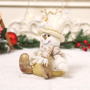 Illuminated snowman plush ornament with gold knit hat and warm white lights for Xmas decor