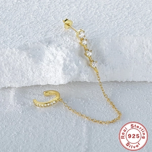 S925 sterling silver gold plated chain earring set with zircon stud and ear cuff