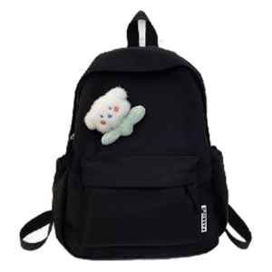 Minimalist black backpack for school and travel featuring a cute white teddy bear accessory