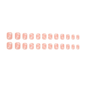 Faux ongles à coller courts avec motif marguerite blanche sur base rose, set 24pcs