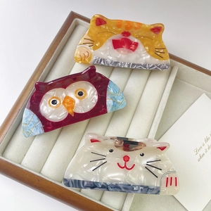 Pinces à cheveux mignonnes en acétate chat et hibou sur un plateau à bijoux en bois