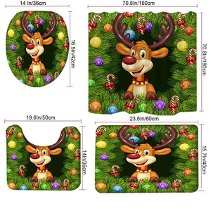 Christmas reindeer bathroom set with shower curtain, toilet cover, and non-slip floor mats