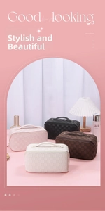 Close-up of checkered embossed PU leather cosmetic bags in pink, white, black and brown