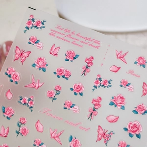 Adesivi per unghie 5D con delicate rose rosa e farfalle per una nail art professionale