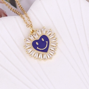Golden sun flower necklace with blue heart smiley enamel and sparkling zircon inlay