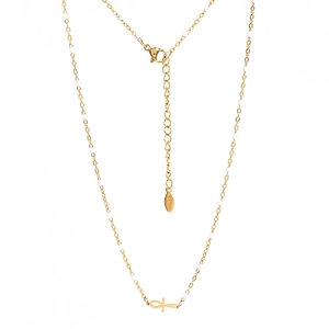 Detail of Ankh cross necklace with white beads on polished stainless steel chain