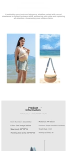 Detail of straw woven chest bag featuring colorful geometric strap for beach vacations