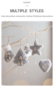 Plush Christmas hanging ornaments in grey and white with wooden deer and snowflake details
