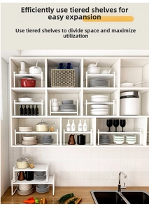 White minimalist kitchen cabinet shelf organizer maximizing vertical space for dishes